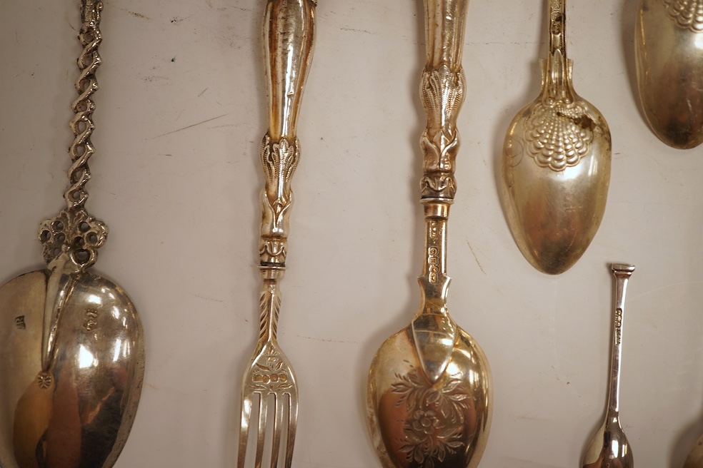 A small quantity of assorted mainly 19th century and later small flatware including teaspoons, coffee spoons and condiment spoons, various dates and makers, a Dutch? white metal spoon and a Victorian silver christening t